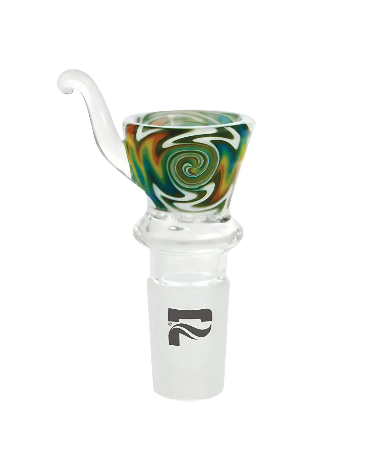 Pulsar Worked Herb Slide 19mm Male Bowl with colorful swirl design, front view on white background