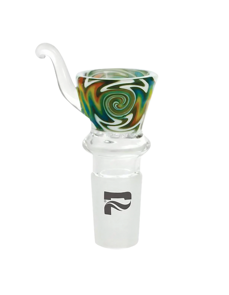 Pulsar Worked Herb Slide 19mm Male Bowl with colorful swirl design, front view on white background
