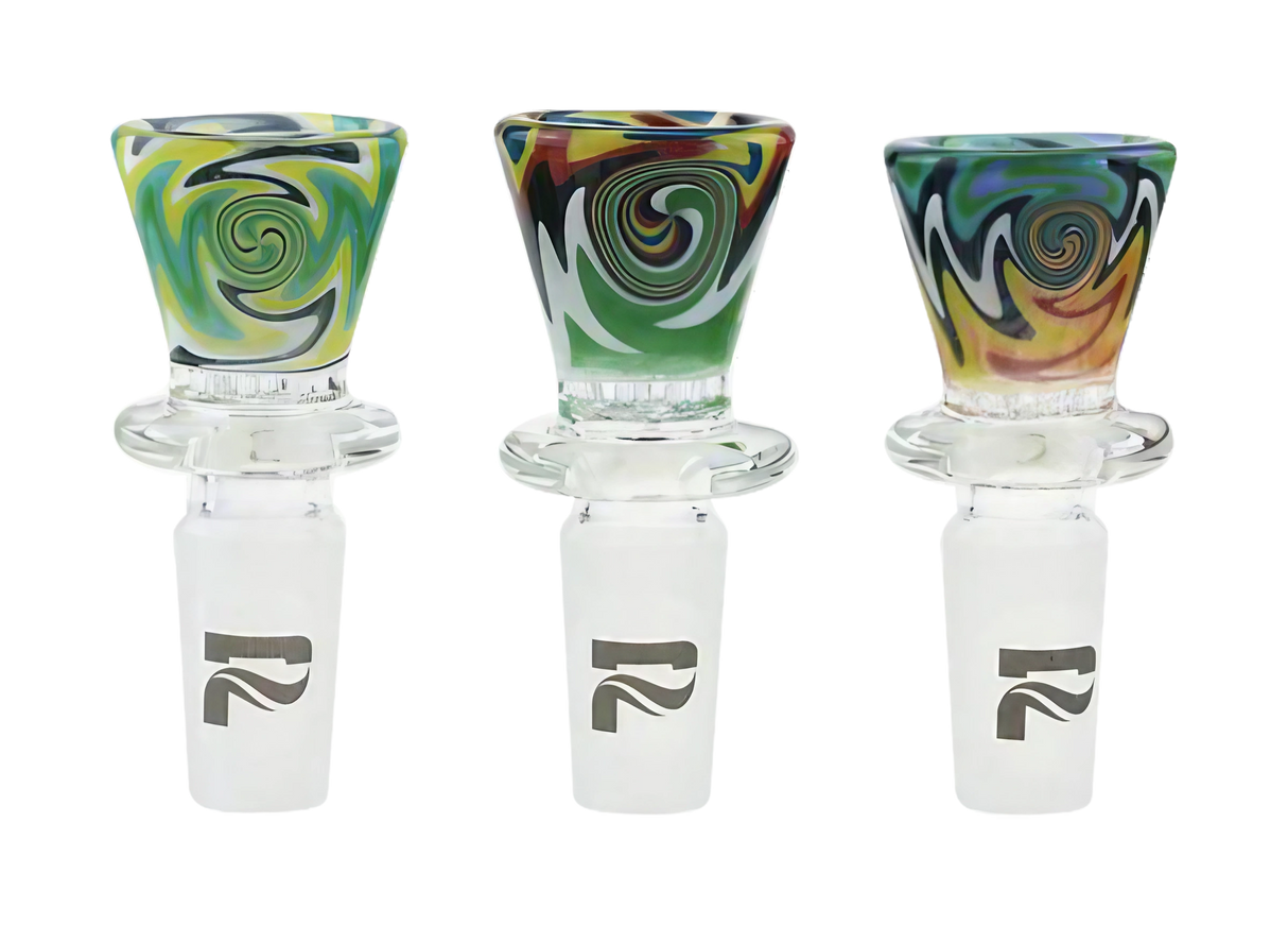 Pulsar Worked Herb Slide in Borosilicate Glass, Front View, 14mm Male Joint, Swirl Design