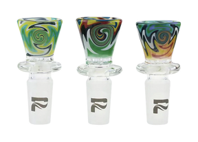 Pulsar Worked Herb Slide in Borosilicate Glass, Front View, 14mm Male Joint, Swirl Design