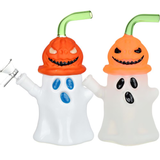 Pumpkin Head Ghost Glow In The Dark Glass Water Pipe | 7.25" | 14mm F | Colors Vary