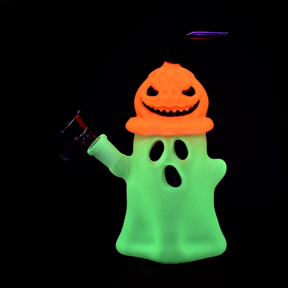 Pumpkin Head Ghost Glow In The Dark Glass Water Pipe | 7.25" | 14mm F | Colors Vary