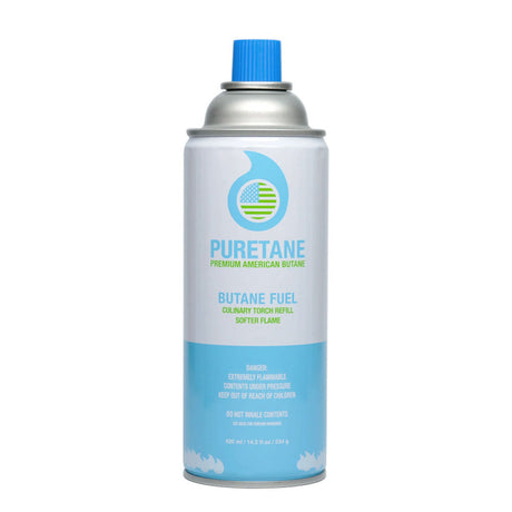 Puretane Butane 420mL canister, pack of 9, front view on seamless white background