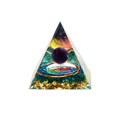 Purple Globe Orgonite Pyramid, 2.5" Home Decor, Front View on White Background