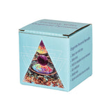 Purple Globe Orgonite Pyramid in box, 2.5" home decor piece, front view on white background