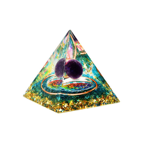Purple Globe Orgonite Pyramid with iridescent flakes, 2.5" home decor piece, front view on white background