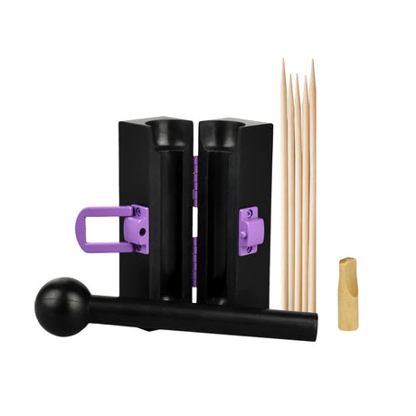 Purple Rose Supply G2 CannaMold Kit for rolling herbal cigars, front view with packing tool and skewers