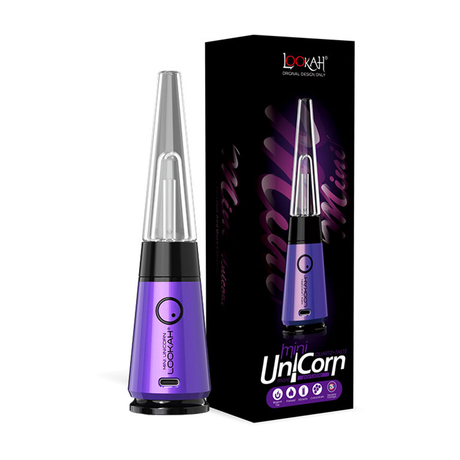 Lookah Mini Unicorn Vaporizer in Purple with packaging, front view, compact design for easy use