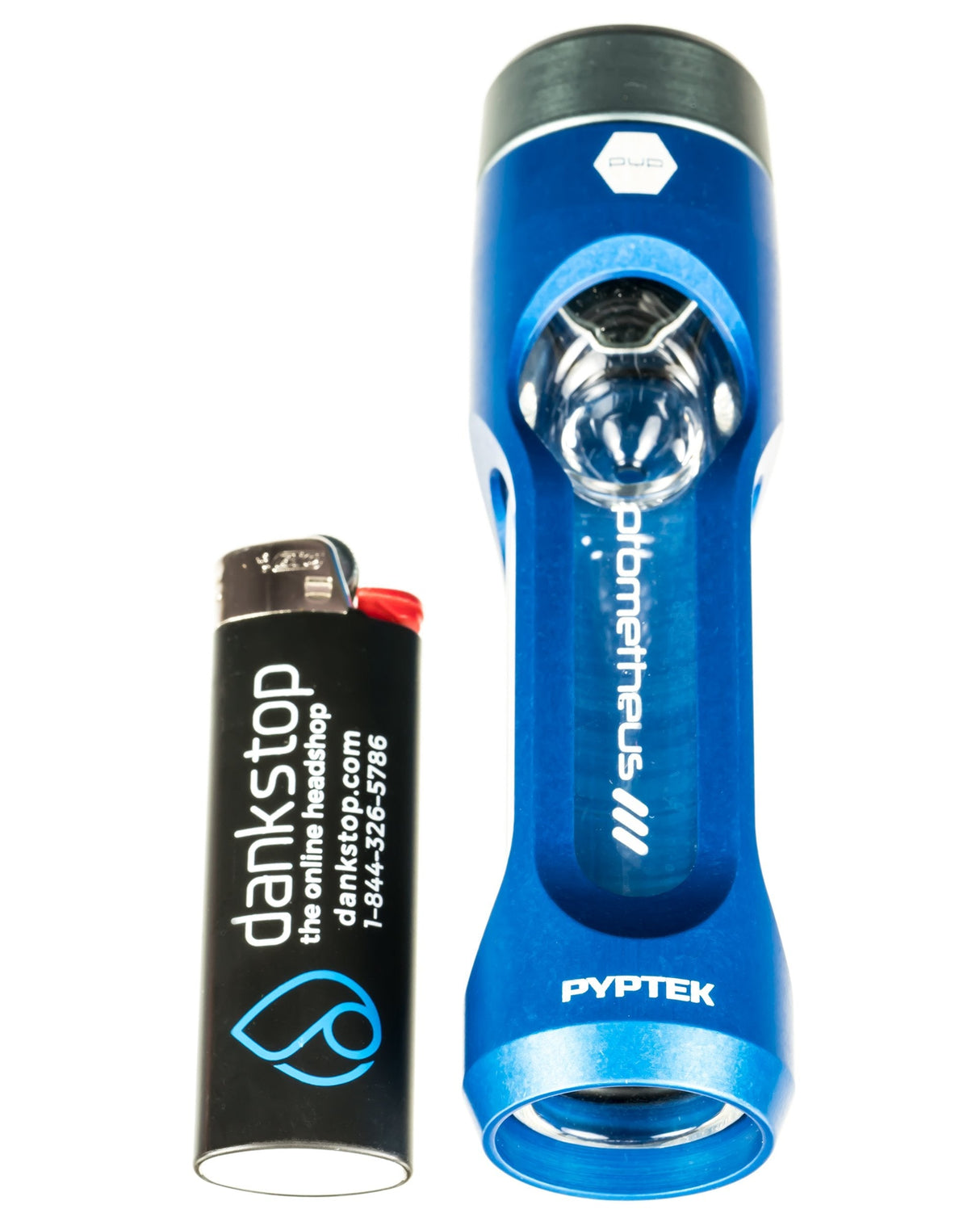 Pyptek Prometheus Dreamroller Pipe in blue with heavy wall glass, side view next to lighter