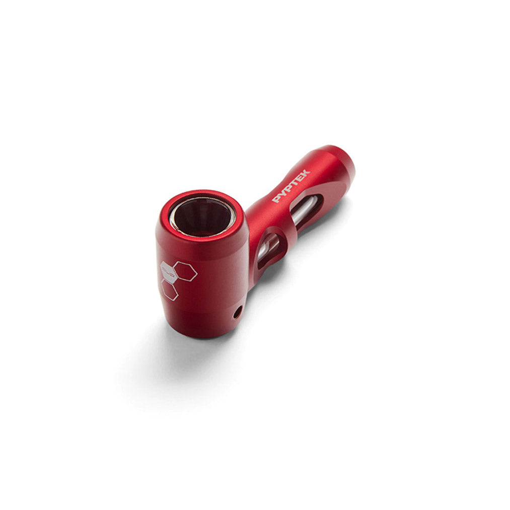 Pyptek Prometheus Pocket Pipe in Red, Portable Aluminum and Glass, Angled Side View