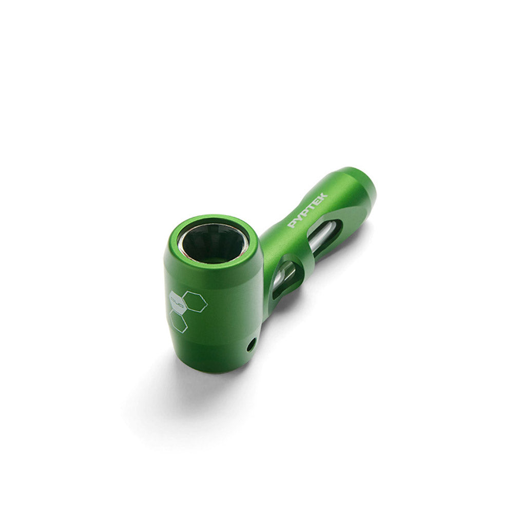 Pyptek Prometheus Pocket Pipe in green, compact aluminum design with borosilicate glass, angled view