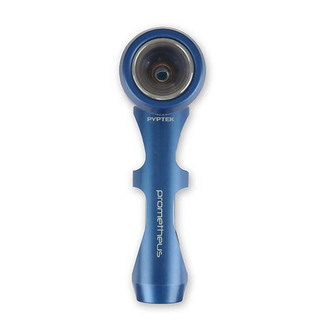 Pyptek Prometheus Pocket Pipe in blue, top view, with durable aluminum exterior and borosilicate glass bowl