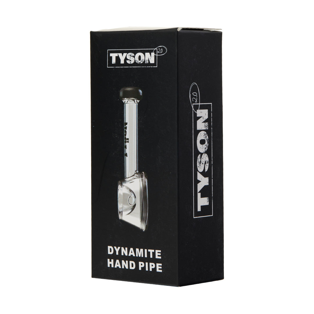 Tyson Dynamite Hand Pipe in box, clear borosilicate glass, front view, by Crowdship