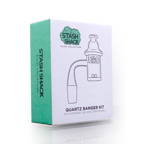 Stash Shack Quartz Banger Kit packaging, front view, highlighting spinning carb cap and terp pearls.