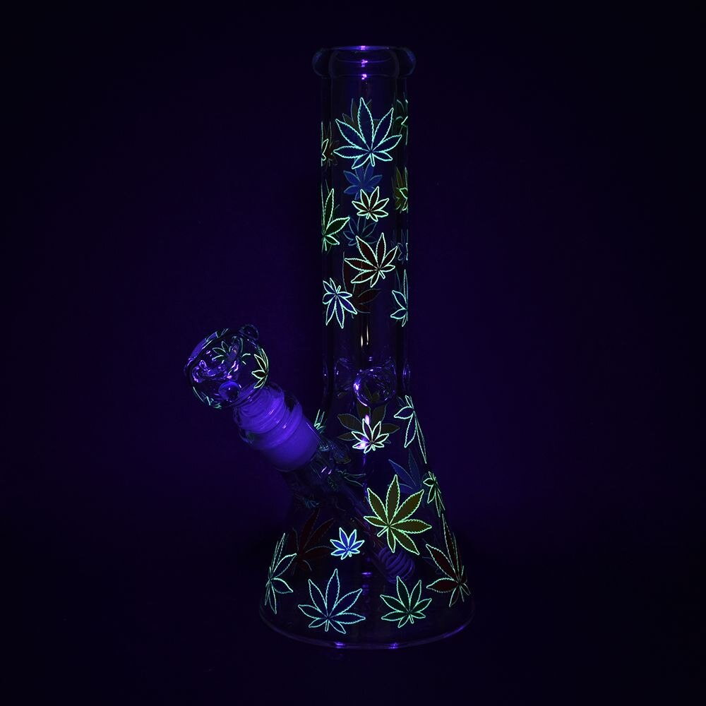 Rainbow Pride Leaf Glow Glass Beaker Water Pipe | 10.25" | 14mm F