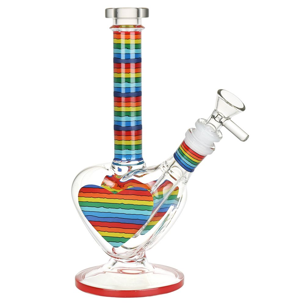 Rainbow Striped Heart Glass Water Pipe | 8.5" | 14mm F