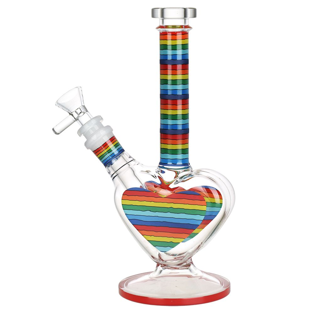 Rainbow Striped Heart Glass Water Pipe | 8.5" | 14mm F