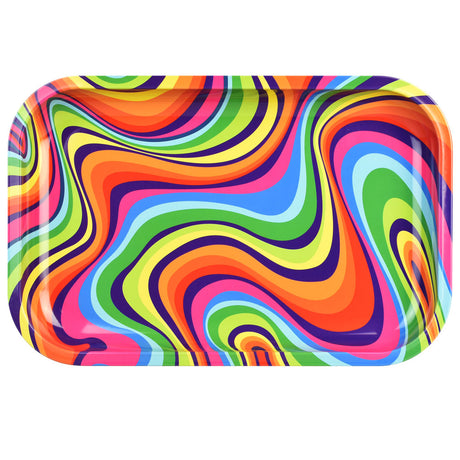 Rainbow Swirl Metal Rolling Tray, 11" x 7" size, top view on white background, perfect for bong use