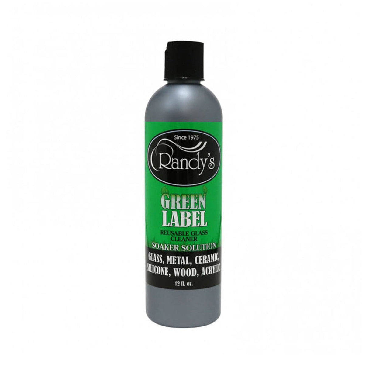 Randy's Green Label Cleaner 12oz bottle for bongs, pipes, and rigs, front view on white background