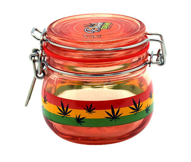 Red Rasta Leaf Borosilicate Glass Jar, 2.85x3", Front View on White Background