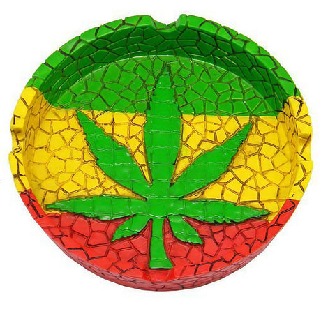 Colorful Rasta Leaf Round Ashtray, 4.25" Polyresin, Top View on White Background