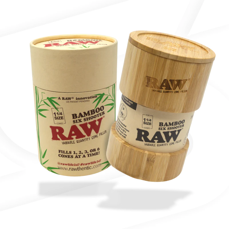 RAW Bamboo Six Shooter for 1 1/4" Size Rolling Papers - Dual View with Lid Off