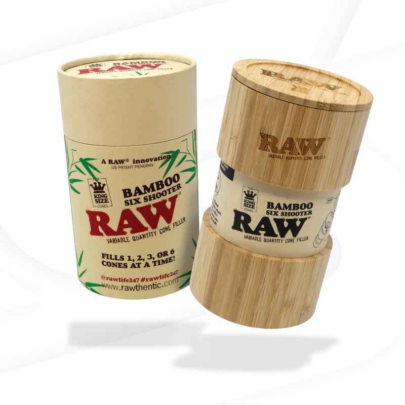 RAW Bamboo Six Shooter for King Size Rolling Papers - Front and Top View