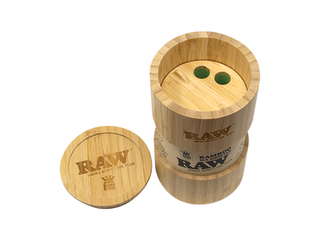RAW Bamboo Six Shooter for 1 1/4" to King Size Rolling Papers, Angled View with Lid Off