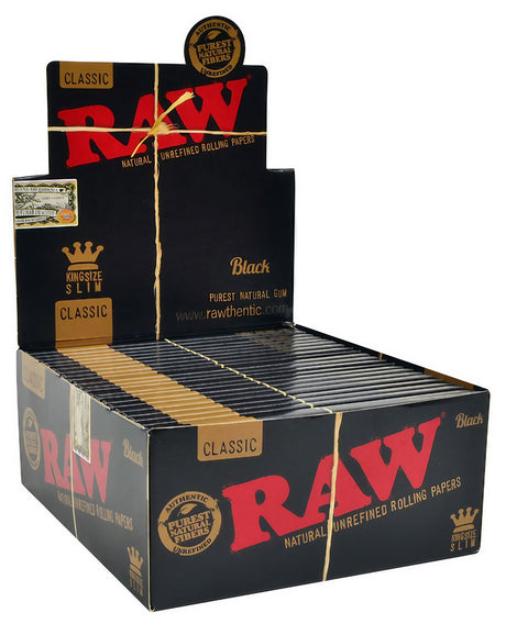Display box of RAW Black Classic King Size Slim Rolling Papers - Front View