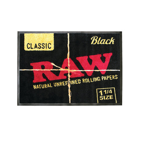 RAW Black Door Mat featuring classic logo, perfect for home decor, top view on white background