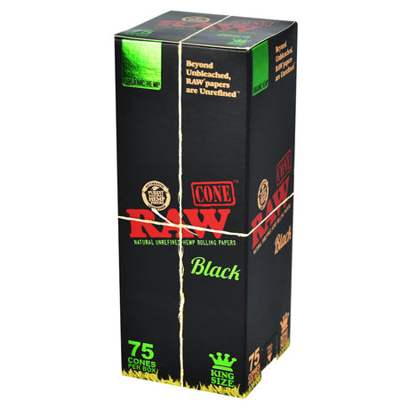 RAW Black Organic Hemp Pre-Rolled Cones Box, 75pc King Size, Front View