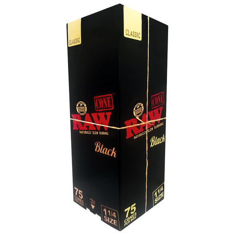 RAW Black Pre-Rolled Cones 75pc Box, front view on white background, easy to fill