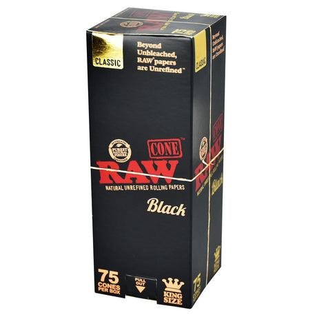 RAW Black Pre-Rolled Cones 75pc Box front view on white background