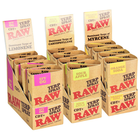 RAW CDT+ Terp Spray 5ml 8pc display with various flavors for enhancing dab rig aroma