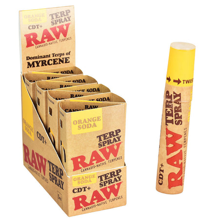 RAW CDT+ Terp Spray 5ml with Orange Soda flavor, displayed in an 8pc cardboard stand