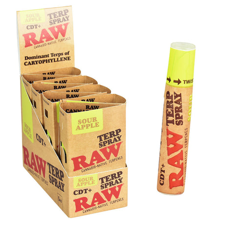 RAW CDT+ Terp Spray 5ml in Sour Apple variant displayed in 8pc cardboard packaging
