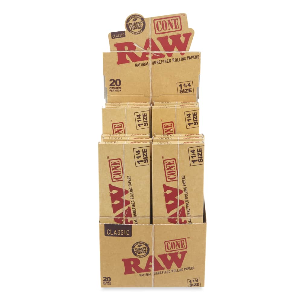 Stack of RAW Classic Cone 20-pack in 1 1/4 size, 12pc display front view on white background