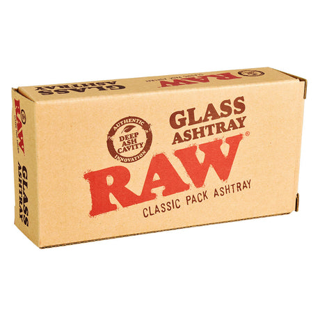 RAW Classic Pack heavy wall glass ashtray in branded box, front view, ideal for rolling accessories