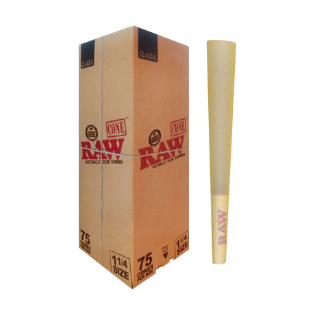 RAW Classic Pre-Rolled Cones 75pc Box, 1 1/4" Size, with Single Cone Displayed