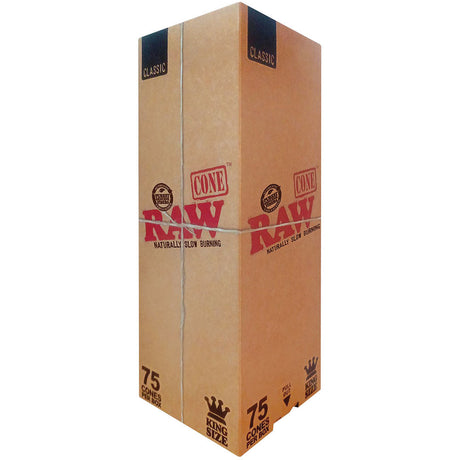 RAW Classic King Size Pre-Rolled Cones in a 75pc box, front view on a white background