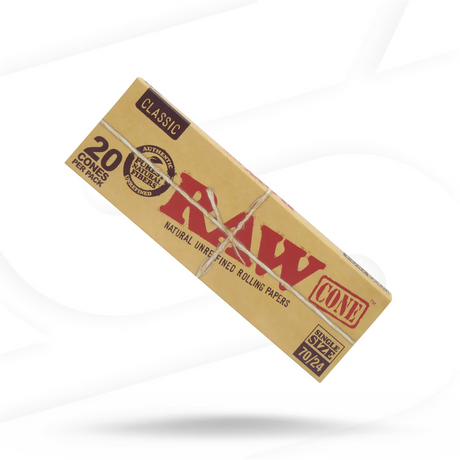 RAW Classic Single Size Cones 12 Pack, natural unbleached pre-rolled cones, front view on white background