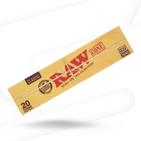 RAW Classic Single Size Cones 12-Pack, unbleached pre-rolled papers, front view on white background
