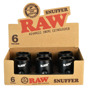 RAW Cone Snuffer 6-Pack, Metal Rolling Accessory, Front View with Packaging