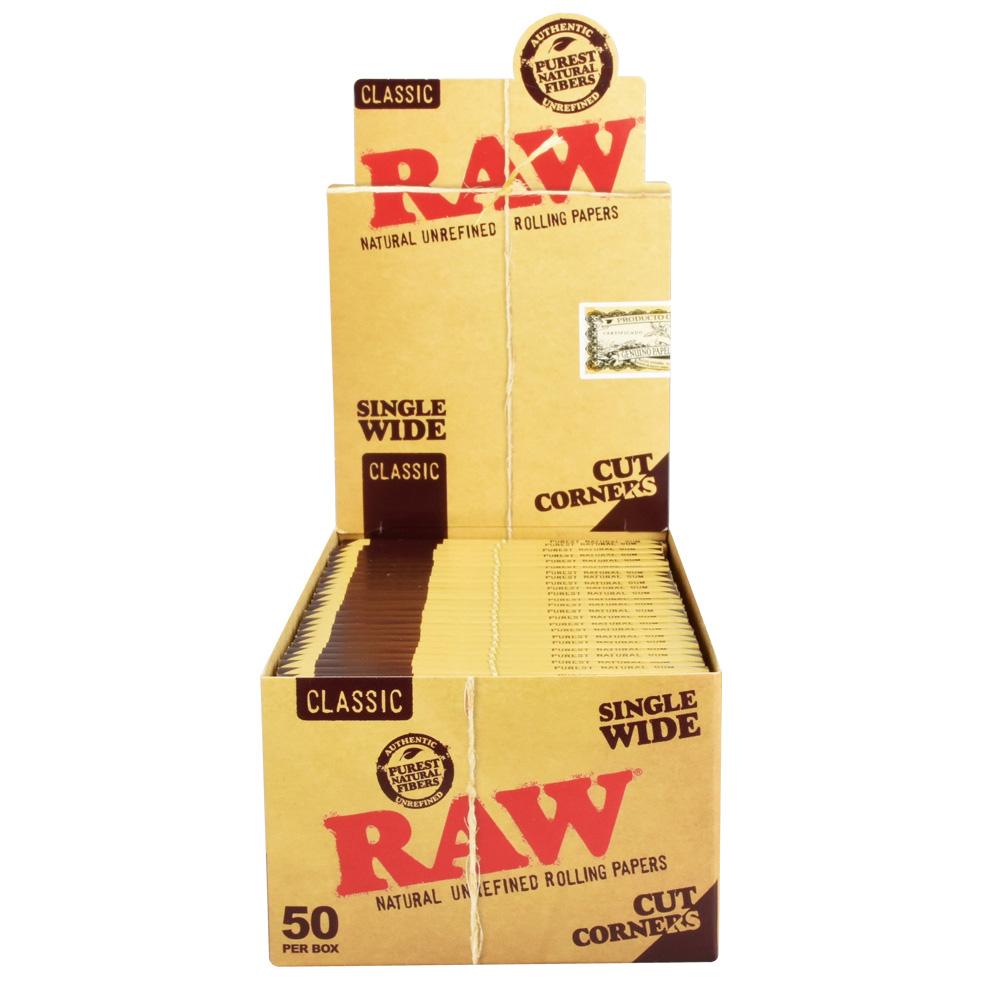 RAW Cut Corners Single Wide Rolling Papers display box from Spain, made of hemp, front view