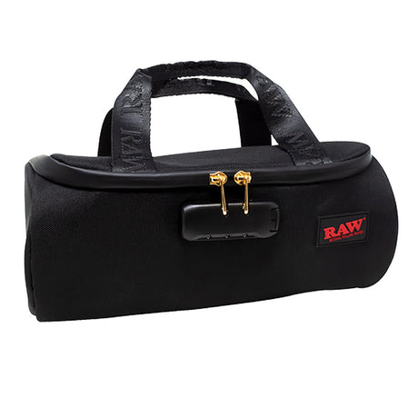 RAW Dank Locker Mini Duffel Bag in black with gold zippers, front view, compact and portable design