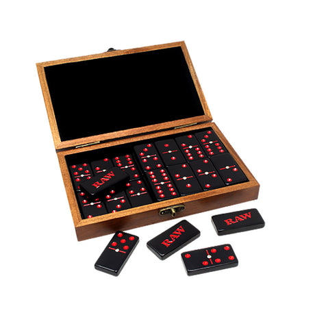 RAW branded wooden dominoes set with double six layout in open box, ideal for game night