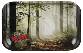 RAW "Forest" Design Metal Rolling Tray, Front View with Misty Woods Graphic