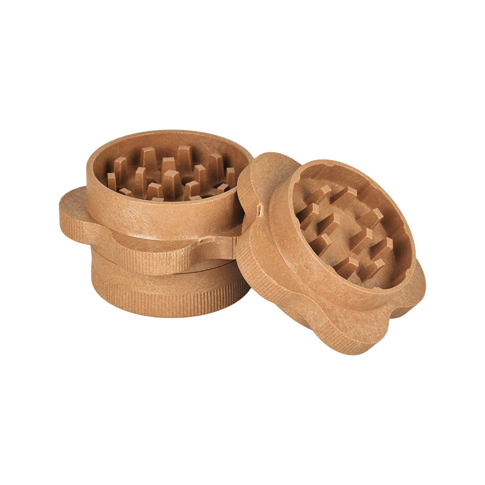RAW Gripper Grinder 3pc set in 2.5" size for fluffy grind, open view showing teeth, made of hemp, on white background