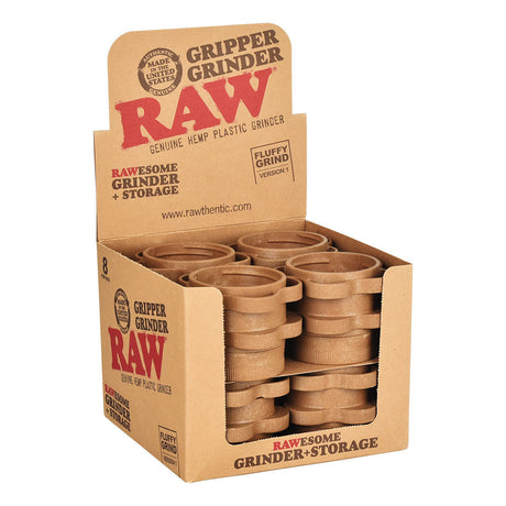 RAW Gripper Grinder display box with 3pc hemp grinders, 2.5" size for a fluffy grind