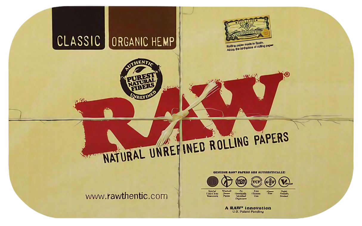 RAW Magnetic Rolling Tray Cover in tan with iconic red logo, perfect for securing dry herbs